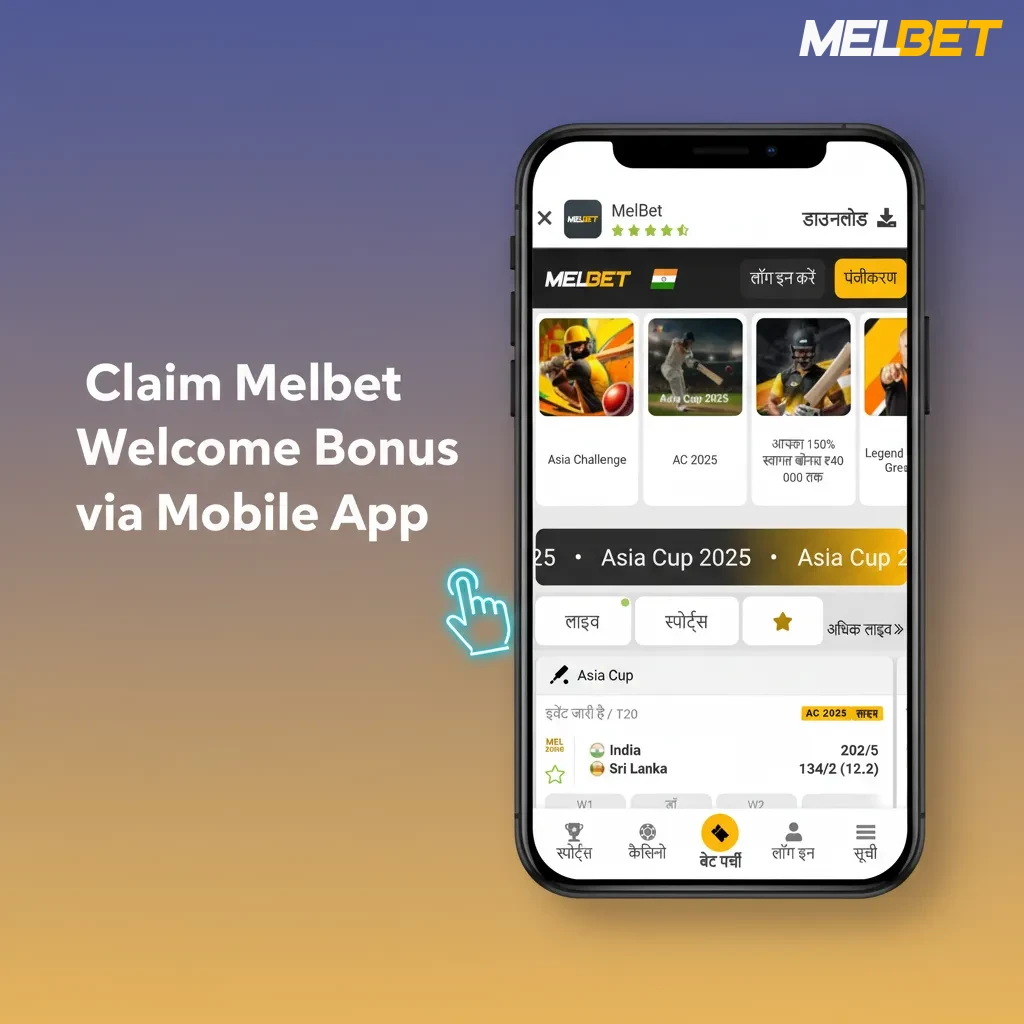 Melbet mobile app showing welcome bonus steps: download, sign up, deposit ₹110 (sports) or ₹1,600 (casino), accept offer.