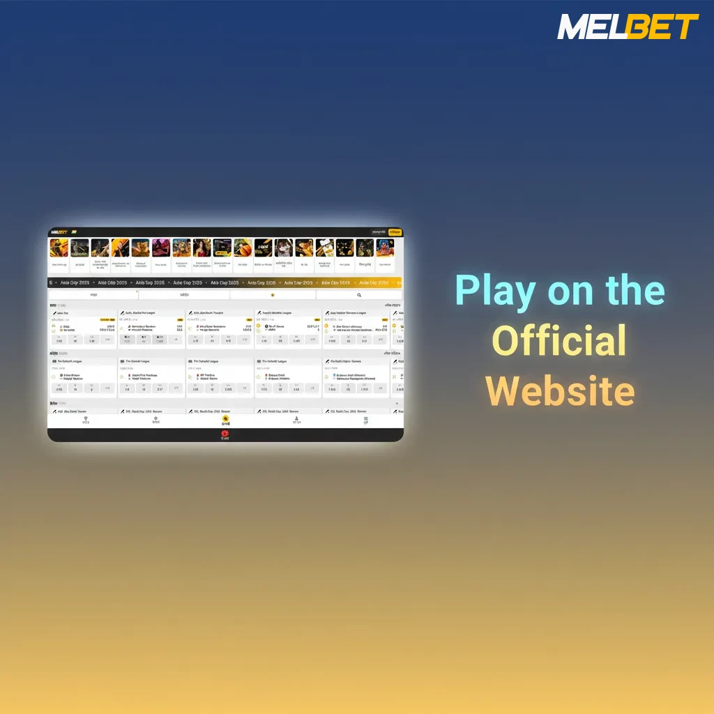 Melbet official website in a browser, showing live betting, casino, payments, account settings; no PC client needed.