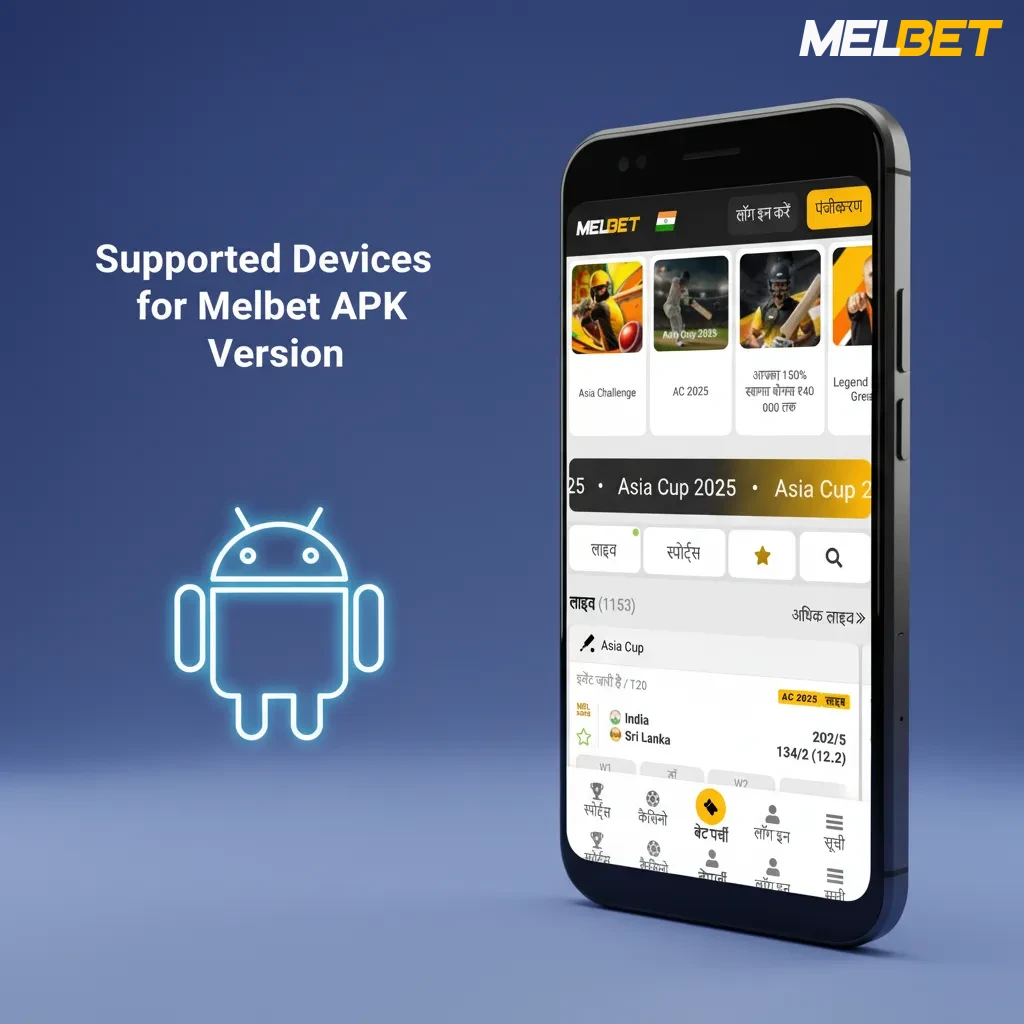 Supported Android phones for Melbet APK in India: Samsung, Sony, Huawei, OnePlus, Oppo, Google, Xiaomi, Poco; Android 6.0+