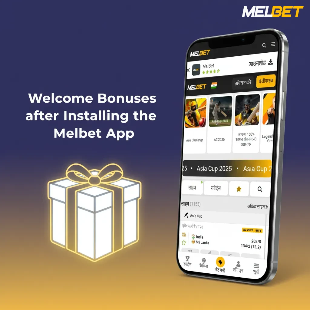 Welcome bonuses after installing the Melbet app: up to INR 212,000 + 250 free spins; choose sportsbook or casino.