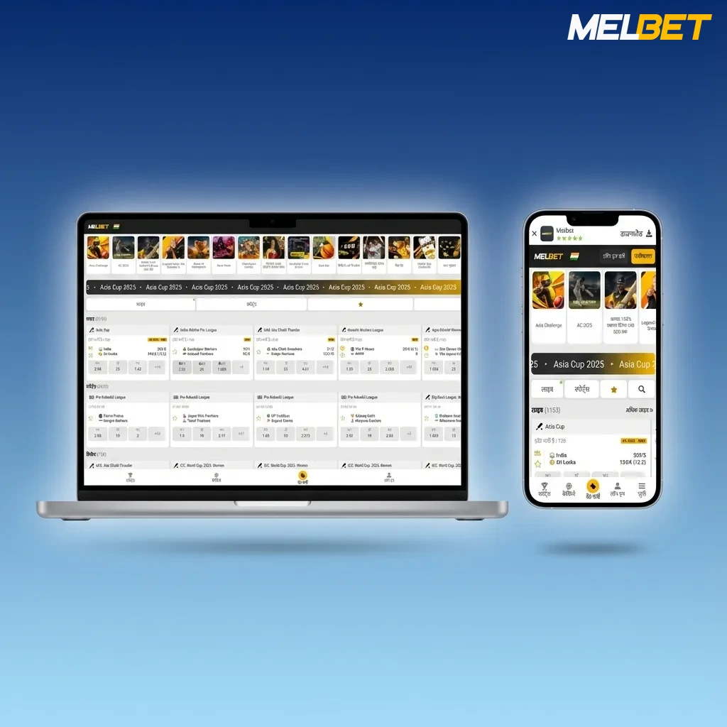 Melbet India website interface showing top navigation menu with sports, casino, live games, bonuses, login, and account options