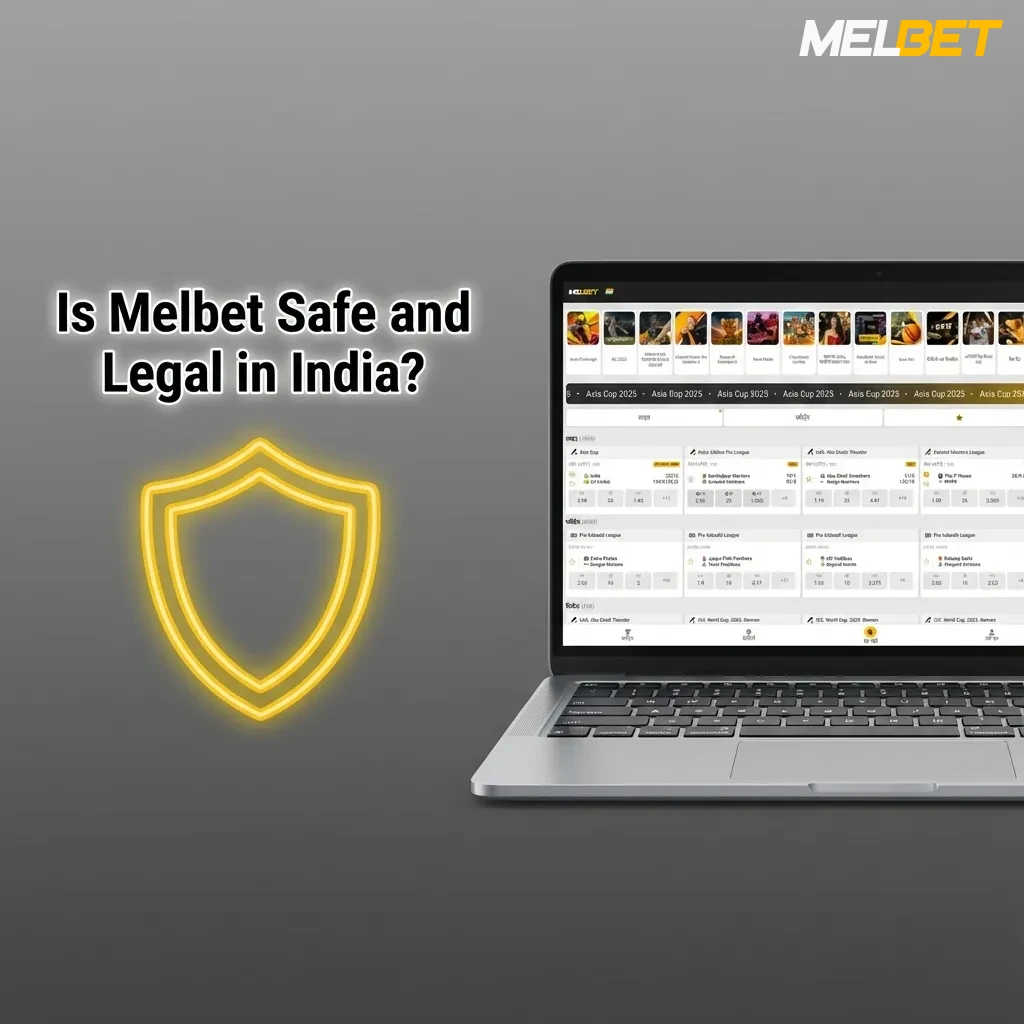 Infographic asking if Melbet is safe and legal in India, highlighting Curacao license, SSL security, and varying state laws.