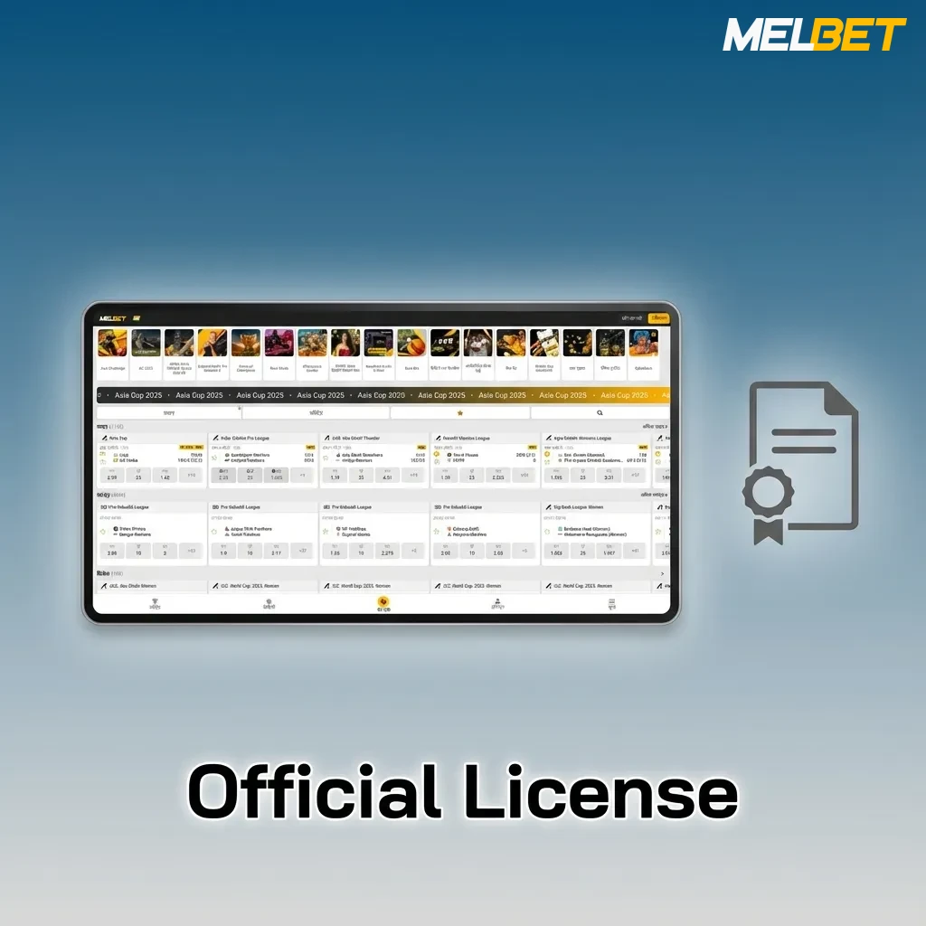 Melbet betting site Curacao eGaming license seal with text highlighting fair play, secure funds, and regulated operations