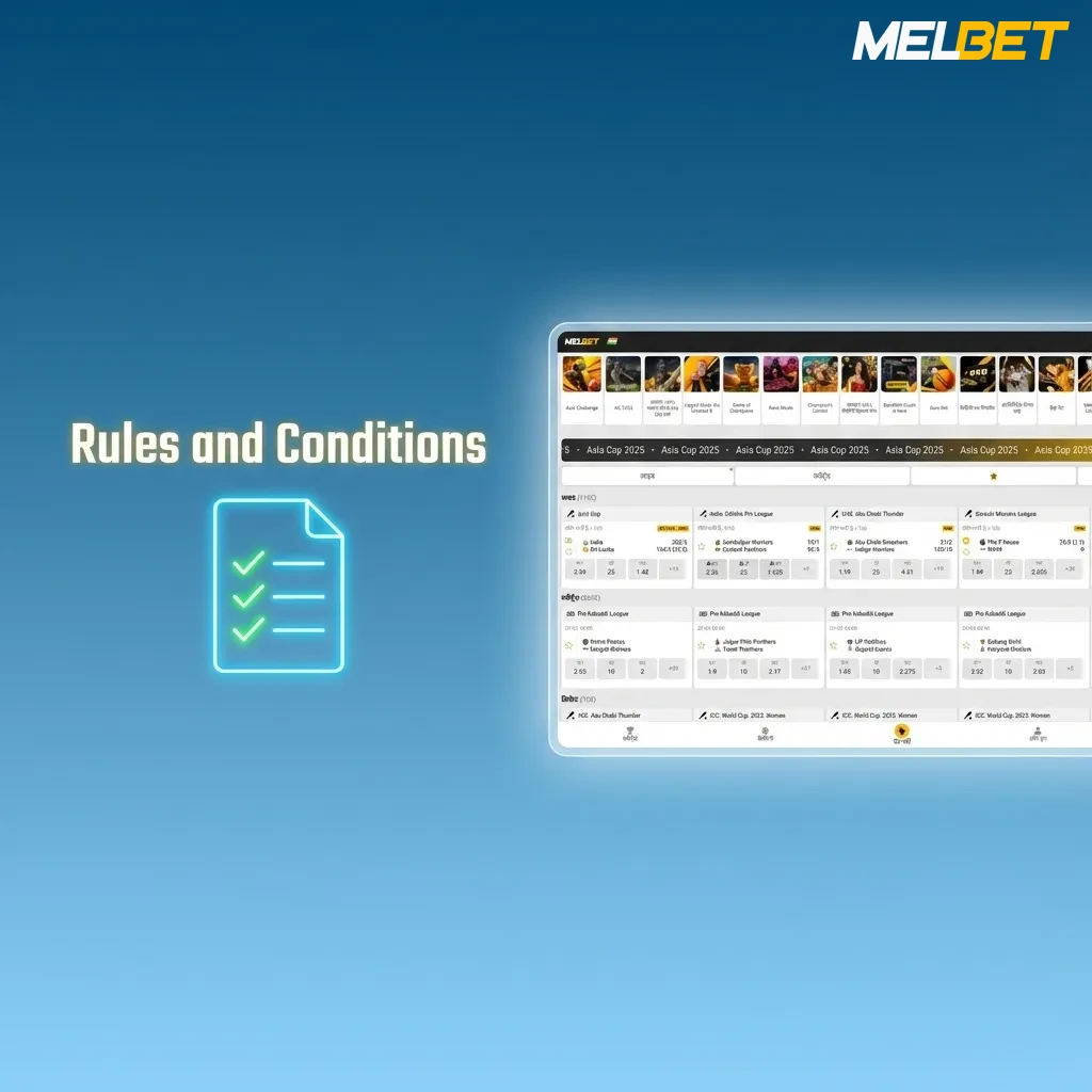 Melbet rules and conditions screen outlining age limit, one account rule, KYC, bonuses, and anti-fraud policies.