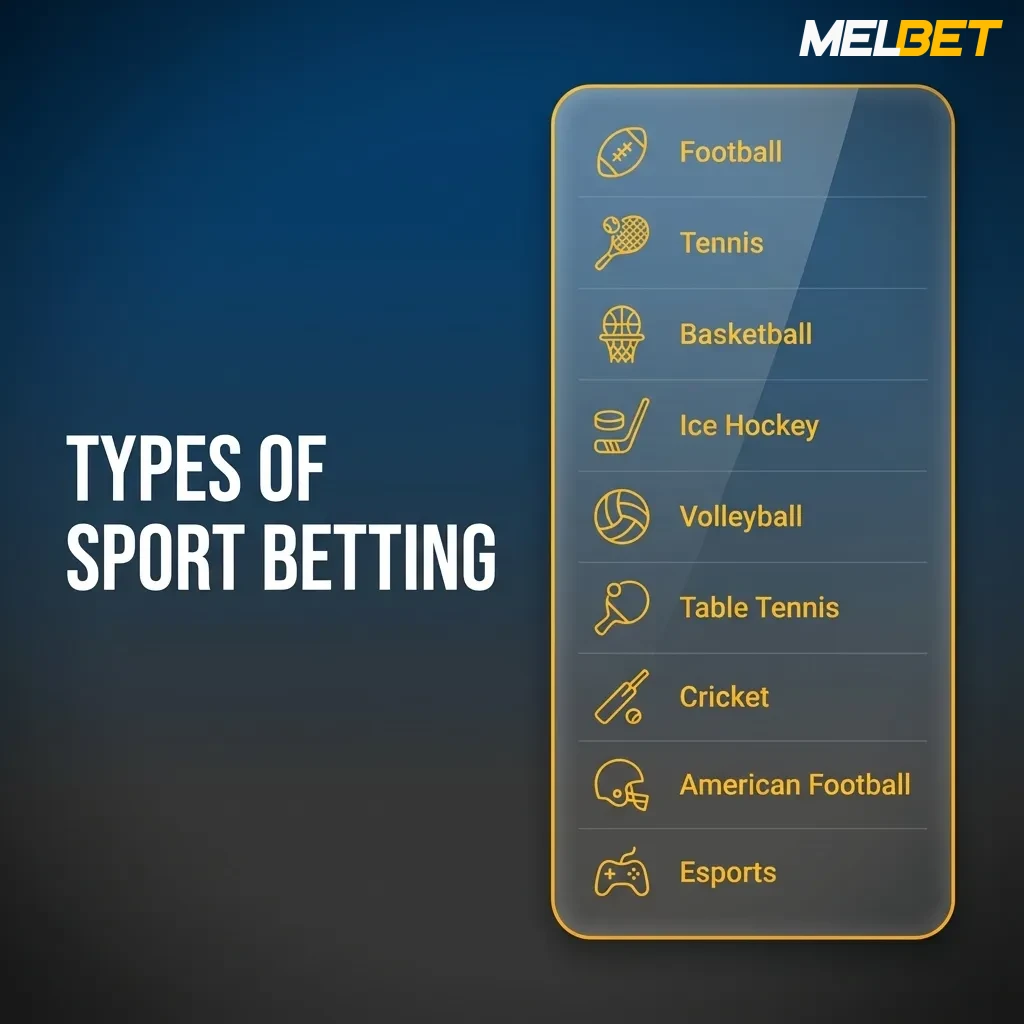Melbet India sports betting options showing icons for cricket, football, kabaddi, tennis and other popular sports