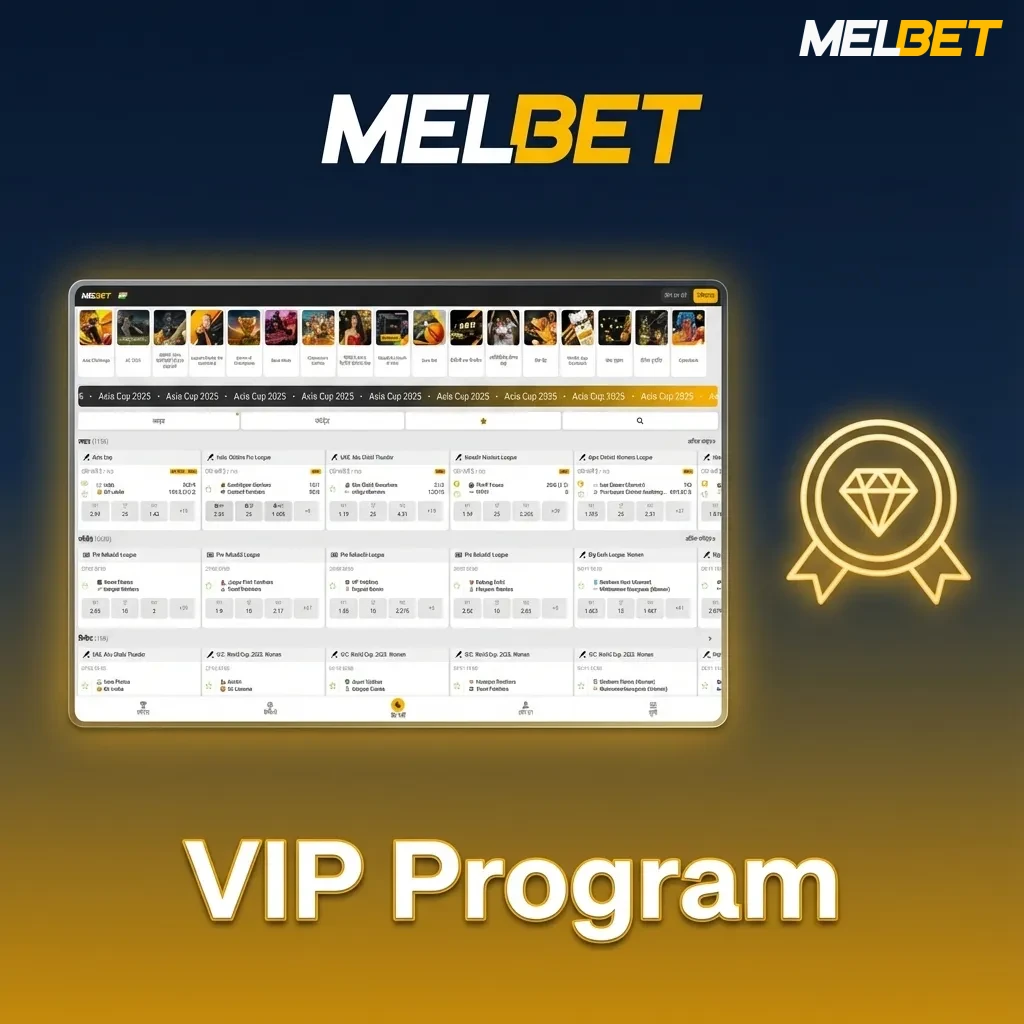 Melbet VIP program banner showing rising loyalty tiers and perks like cashback, better rates, bonuses, and dedicated support.